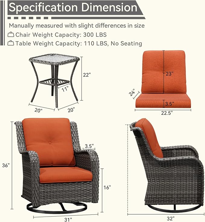 3 Pieces Outdoor Furniture Set - Patio Wicker Swivel Rocker Chair Set of 2 and 1 Side Table, Orange, Mixed Brown Rattan, Suitable for Porch, Yard