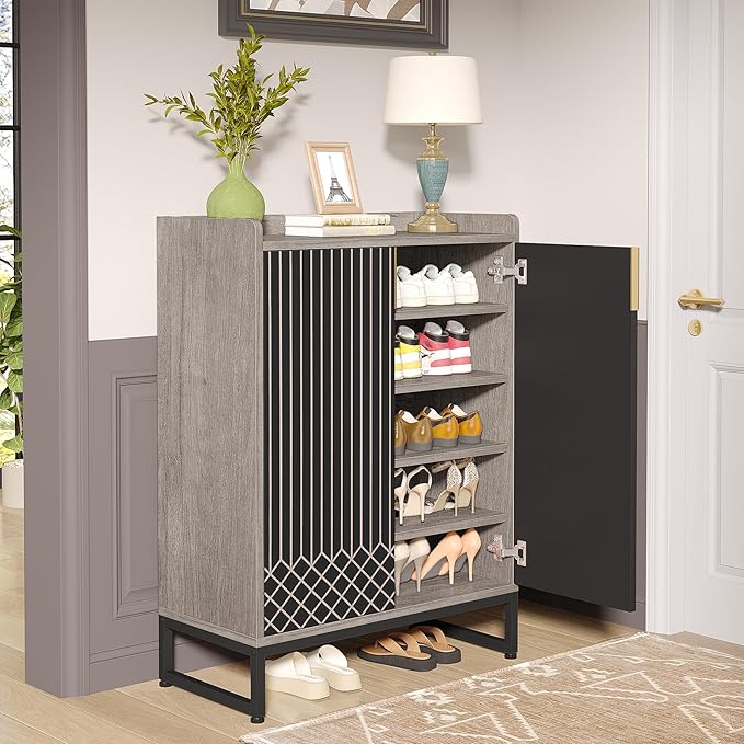 Tribesigns Shoe Cabinet with Doors, Grey 5 Tiers Shoe Storage Cabinet for Entryway, 25 Pairs Wooden Shoe Rack Cabinet, Modern Shoe Organizer Storage for Living Room, Bedroom, Hallway, Closet
