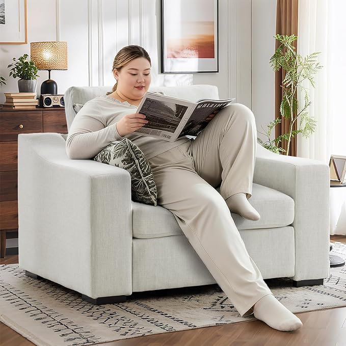 ELUCHANG 47" Oversized Accent Chair, Linen Fabric Modern Lounge Chair with Deep Seat, Washable Cover, Comfy Upholstered Large Sofa Armchair Reading Chair for Living Room, Bedroom, Office, Ivory