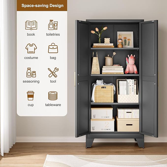 Large Metal Kitchen Pantry Cabinet with Adjustable Shelves - Freestanding Kitchen Storage Cabinet for Dining Room,Livingroom Bathroom, Hallway, Workshop, Office (Black, 61"- 0 Drawer)