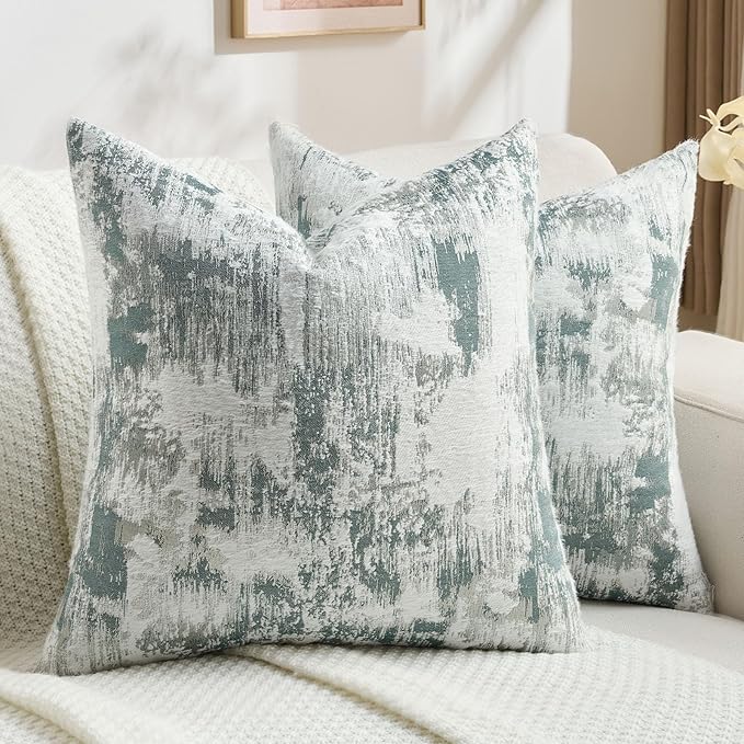 FUTEI Teal White Decorative Throw Pillow Covers 16x16 Inch Set of 2,Soft Faux Cashmere Jacquard - Textured & Cozy Cushion Case,Modern Home Decor for Couch Bed Living Room