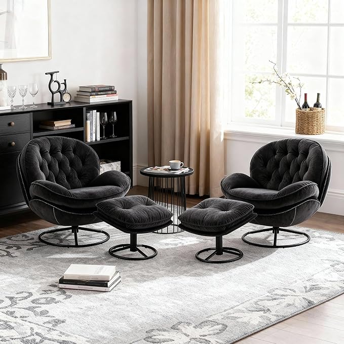 Set of 2 360° Swivel Modern Velvet Accent Chair with Ottoman | Mid-Century Button Tufted Lounge Chair for Living Room & Bedroom, Black