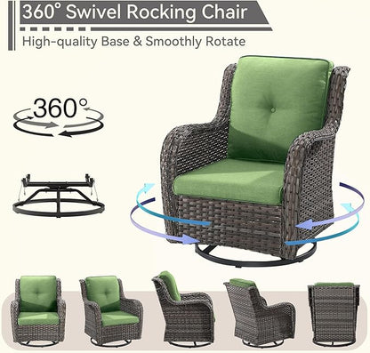 5 Piece Outdoor Patio Furniture Set Wicker Conversation Set Swivel Rocking Chairs with Side Table and Ottomans for Backyard, Porch, Deck, Green