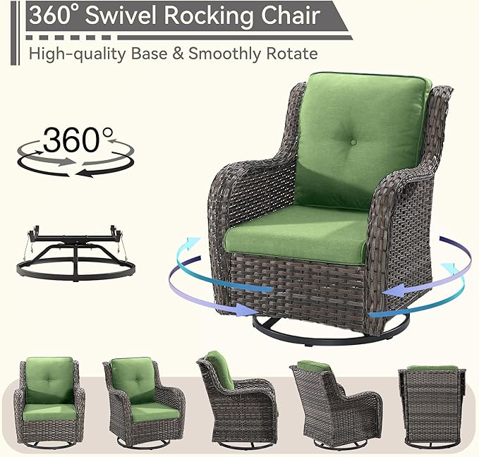 2 Pieces Outdoor Swivel Rocker Patio Chairs Set - Outdoor Wicker Patio Conversation Sets with 1 Side Table, Olefin Fabric Cushions Suitable for Backyard Deck and Porch, Green