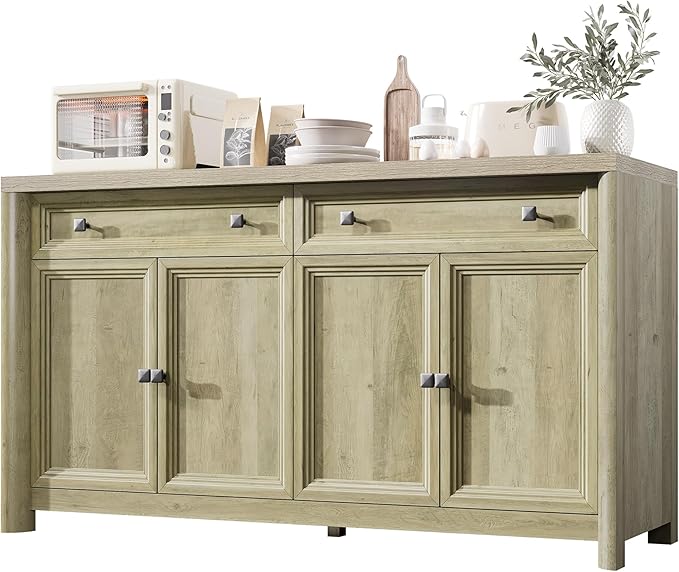 Farmhouse Buffet Cabinet with Storage, 59" Large Sideboard Credenza with Adjustable Shelves & 4 Doors, Wood Rustic Kitchen Coffee Bar Console for Table Living Room, Natural