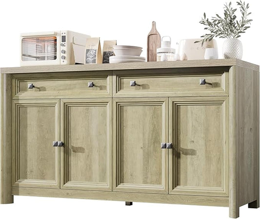 Farmhouse Buffet Cabinet with Storage, 59" Large Sideboard Credenza with Adjustable Shelves & 4 Doors, Wood Rustic Kitchen Coffee Bar Console for Table Living Room, Natural