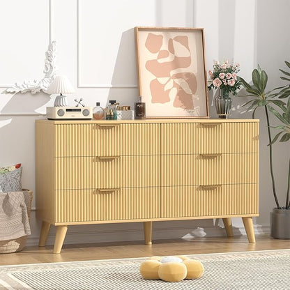 Boho Fluted 6 Drawer Dresser for Bedroom, Chest of Drawers with Solid Wood Legs, Modern Dresser Chest Cabinet Organizer with Golden Handles, Beside Table for Closet, Hallway, Bedroom