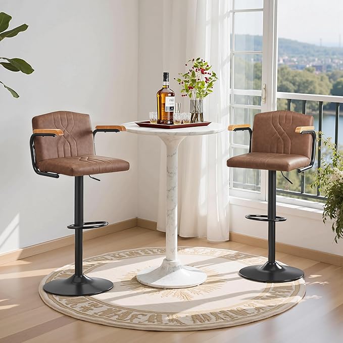 VECELO Bar Stools Set of 2, Adjustable & Swivel Faux Leather Bar Stools with Backs and Footrest, for Kitchen Islands, Dining Counters, Home Bars, Brown