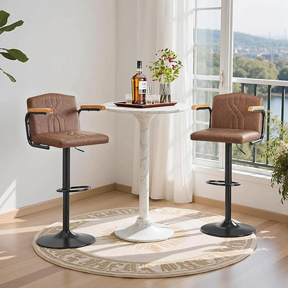 VECELO Bar Stools Set of 2, Adjustable & Swivel Faux Leather Bar Stools with Backs and Footrest, for Kitchen Islands, Dining Counters, Home Bars, Brown