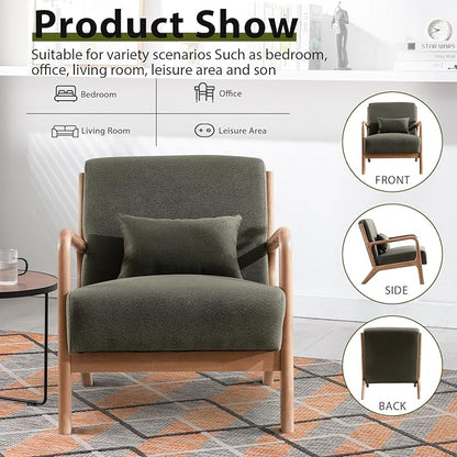 INZOY Mid-Century Modern Accent Chair Set of 2, Green Reading Armchair with Waist Cushion, Upholstered Living Room Chairs for Bedroom Sunroom