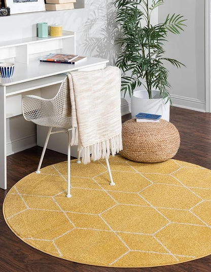 Unique Loom Trellis Frieze Collection Area Rug - Geometric (3' Round, Yellow/ Ivory)