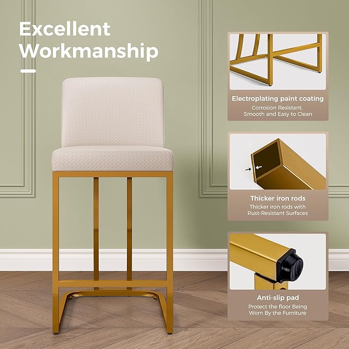 MAISON ARTS Off White & Gold Counter Height Bar Stools with Back Set of 3 for Kitchen Counter 24 Inch Modern Upholstered Faux Leather Barstools Farmhouse Bar Chairs Luxury Island Stools Support 330LBS