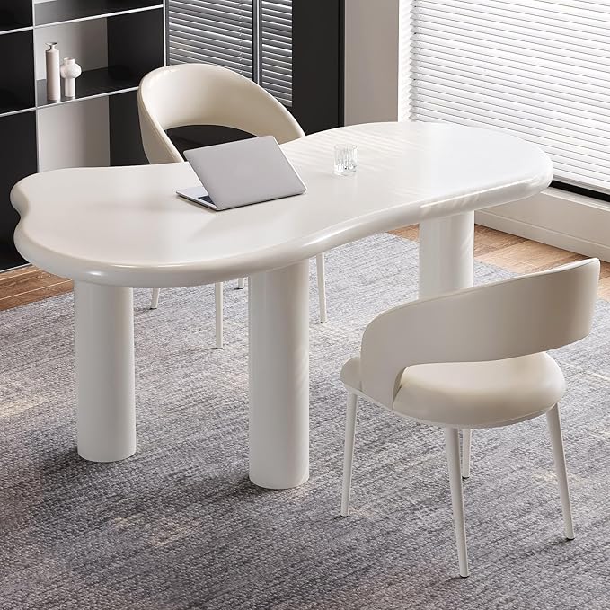 Modern Cream-White Office Desk with Beige Business Chair, Large Computer Table Set, Minimalist and Sturdy Workstation and Workstation, Ideal for Office, Home Office, and Gaming (Desk with Two Chairs)