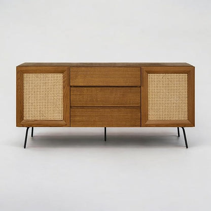 NTC MOSSIC Large Sideboard with 2 Doors and 3 Drawers, Buffet Cabinet with Natural Rattan and Metal Legs, Modern Storage Cabinet for Living Room, and Hallway, Effortless Assembly - Rustic Oak