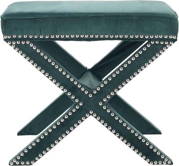 SAFAVIEH Home Collection Palmer Marine with Silver Nailhead Trim X-Bench Ottoman Foot Stool, Fully Assembled (MCR4589U)