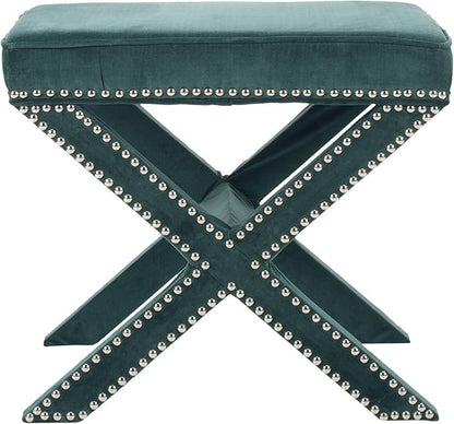 SAFAVIEH Home Collection Palmer Marine with Silver Nailhead Trim X-Bench Ottoman Foot Stool, Fully Assembled (MCR4589U)