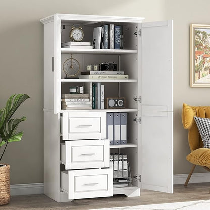 P PURLOVE Bathroom Storage Cabinet with 3 Drawers,Tall and Wide Bathroom Cabinet Standing,Wood Freestanding Tall Bathroom Cabinet for Kitchen,Living Room