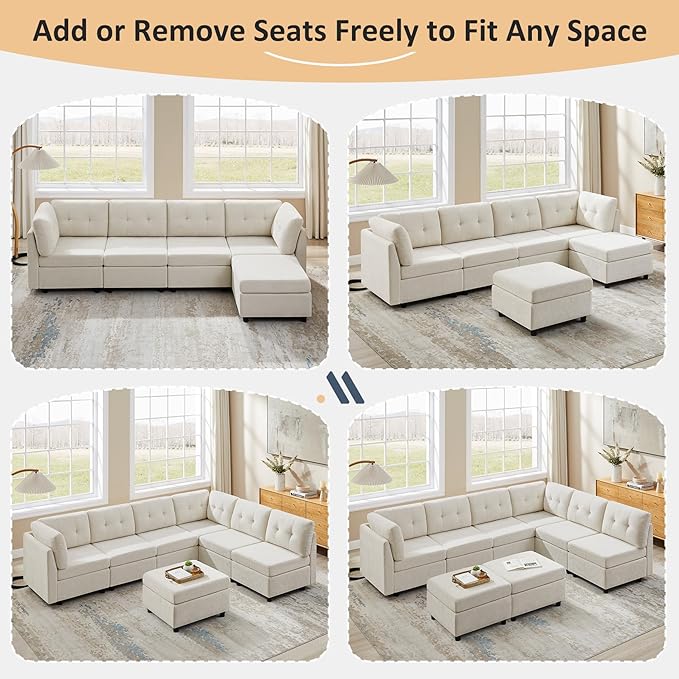 VANOMi 4 Seat Modular Sectional Sofa with 2 Ottomans, 118" Cloud Sofas & Couches, Comfy Chenille Sectional Couches for Living Room, Apartment, Office, Beige, U Shaped