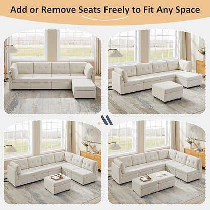 VANOMi 4 Seat Modular Sectional Sofa with 2 Ottomans, 118" Cloud Sofas & Couches, Comfy Chenille Sectional Couches for Living Room, Apartment, Office, Beige, U Shaped