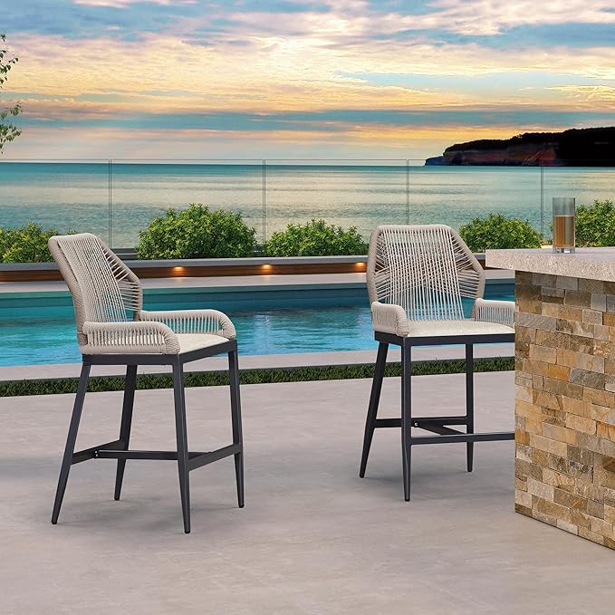 PURPLE LEAF 4 Pieces Counter Height Bar Stools Patio Boho Rattan Barstools Aluminum Woven Bar Chairs with Cushions for Outdoor Kitchen Island Garden