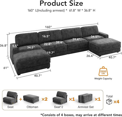 Sunny Heart 160" U-Shaped Modular Sectional Sofa, Oversized Cloud Couch with Movable Ottoman, 6-Seat Chenille Deep Seat Sofa with Pillow, Sectional Couches for Living Room, Apartment, Dark Grey