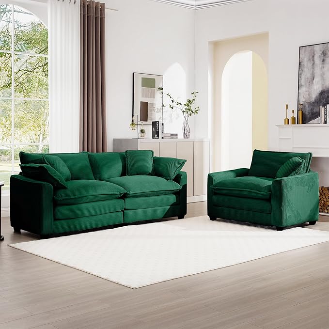 mikibama Luxury 2 Piece Sofa Set, Loveseat Couch & Sofa Armchair Set, Modern Corduroy Comfy Cloud Couches Set for Living Room Office with 2 Armrest Pillows and 3 Toss Pillows, Green