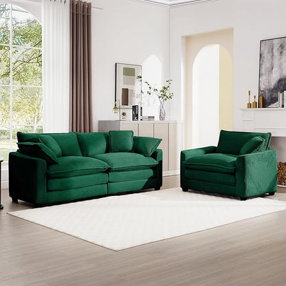 mikibama Luxury 2 Piece Sofa Set, Loveseat Couch & Sofa Armchair Set, Modern Corduroy Comfy Cloud Couches Set for Living Room Office with 2 Armrest Pillows and 3 Toss Pillows, Green