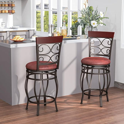 Giantex 26" Swivel Bar Stools Set of 4, Counter Height Bar Stools w/Back, Upholstered PU Leather Seat, Footrest, Max Load 330Lbs, Vintage Metal Barstools for Kitchen Island, Dining Room, Rustic Brown