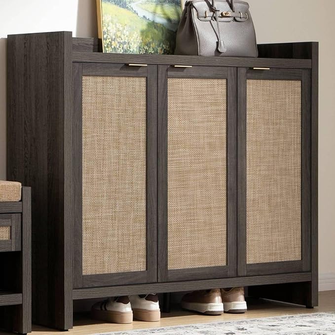 SICOTAS Shoe Storage Cabinet, 30 Pairs Rattan Shoe Cabinet Storage for Entryway, 6-Tier 41" Tall Large Shoe Cabinet, Boho Farmhouse Cabinet with Doors for Entryway Hallway Living Room, Black Oak