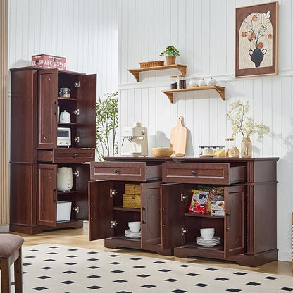 Farmhouse Storage Cabinet with 2 Doors and 1 Drawer, Adjustable Shelf, Freestanding Kitchen Pantry Cabinet, Modern Buffet Sideboard Coffee Bar Cabinet Living Room Bathroom Dining Room Cherry