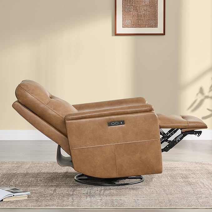 Watson & Whitely Power Recliner Chairs for Adults, Swivel Rocker Recliner W Power Headrest & Type-C Charger for Living Room, Faux Leather, Camel, RC015
