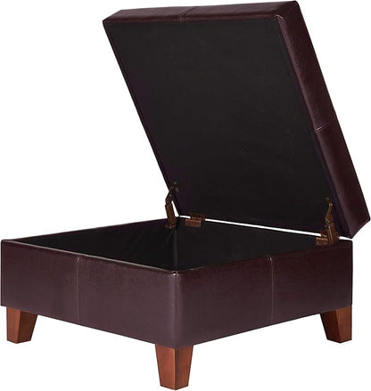 HomePop Faux Leather Square Storage Ottoman with Wood Legs, Distressed Brown