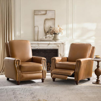 HULALA HOME Genuine Leather Recliner Chair Set of 2, Push Back Recliner Armchair with Thick Seat and Backrest(Camel)