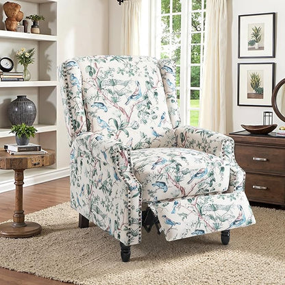 Recliner Chair, Upholstered Wingback Floral Pushback Armchair with Adjustable Backrest & Footrest, Comfy Accent Chair Reading Single Sofa for Small Spaces, Living Room, Bedroom (Bird, Set of 2)
