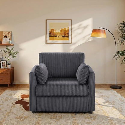 Modern Corduroy Accent Chairs, 38" W Comfy Armchair with Soft Pillows and Side Pockets, Single Reading Chairs for Living Room, Bedroom, Apartment, Grey