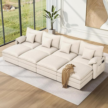 Vesgantti 142" Oversized Sectional Sofa Bed, 8-Seater Modular Sleeper Cloud Couch with Movable Ottoman, Corduroy Convertible Sofa Set Deep Seat Couches for Living Room, Bedroom and Apartment, Beige