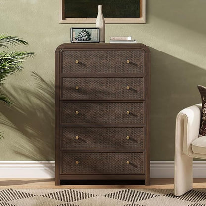 Oak&Sparrow 5 Drawer Tall Dresser for Bedroom, 47'' Rattan Dresser with Ample Storage, Boho Chest of Drawers, Thickened Curved Profile Design, Dark Walnut Dressers for Bedroom, Living Room