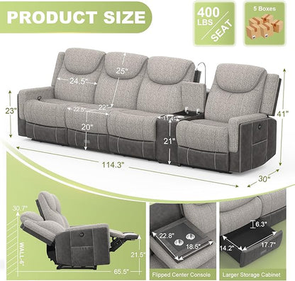 4 Seat Recliner Sofa, 2 - Way Multi - Function Manual 4 Seater Recliner Couch with Cup Holders, Storage & USB Ports, Luxury Large Linen & Leather Blend Reclining Sofa for Living Room