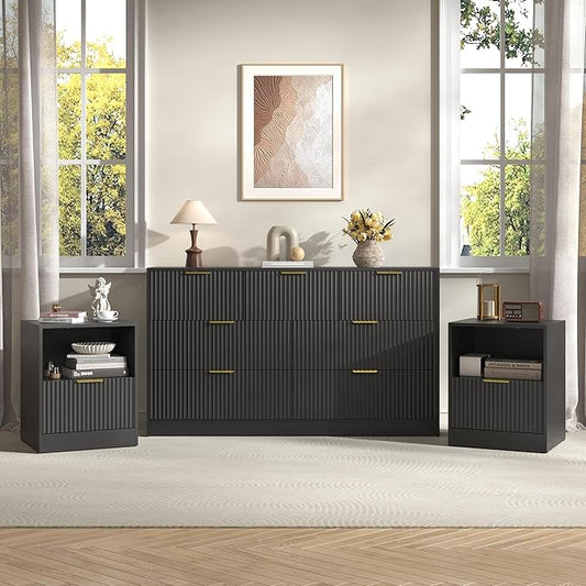 3-Piece Modern Bedroom Furniture Set, Wide 7-Drawer Dresser & 1-Drawer Nightstands Set of 2, Natural Wood Dresser and Nightstand Sets for Bedroom, Hallway, Black