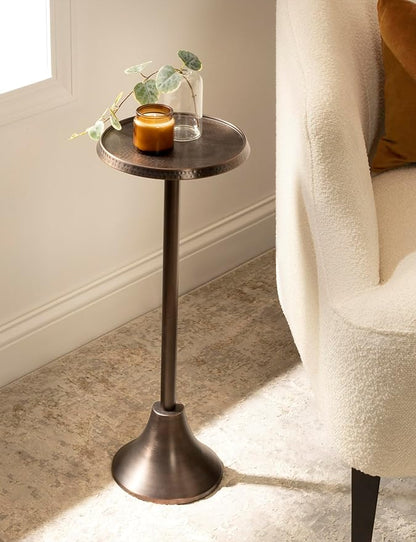 Kate and Laurel Sanzo Modern Pedestal Drink Table, 9 x 9 x 23, Bronze, Decorative End Table with Hammered Tabletop