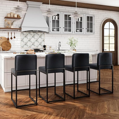 ALPHA HOME 24 Inch Bar Stools Set of 3, Kitchen Counter Stools with Backs, PU Leather Barstools, Kitchen Stools with Back&Upholstered Footrest, Sturdy Chromed Metal Steel Frame, Midnight Blue