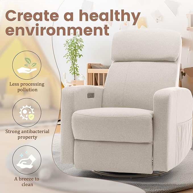 Power Swivel Recliner Chairs for Adults, Electric Glider Rocking Chair Nursery, Glider Recliner Nursery Chair with Classified Side Pocket, Nursery Rocking Chairs with USB and Type-C Ports