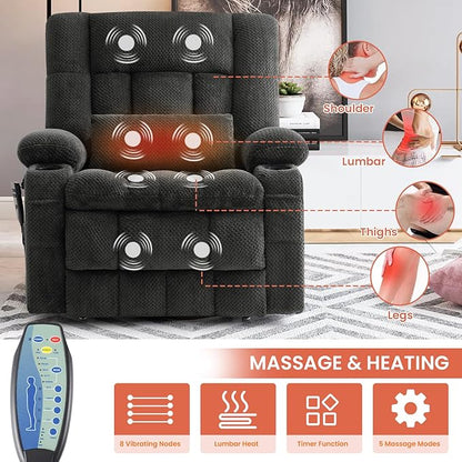 Power Lift Recliner Chair for Adults Oversized Infinite Position Lift Chair for Elderly W/Massage & Heat, Lay Flat Recliner, One-Touch Reset, Cup Holders, Lumbar Pillow, Fabric (Premium, Light Grey)
