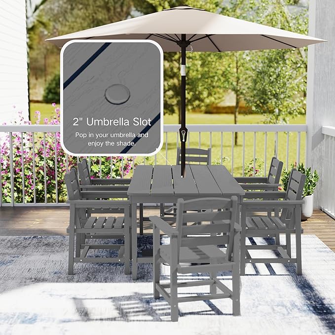 7 Piece Patio Dining Set with 11ft Patio Umbrella (Black), 7 Gray Outdoor HDPE Dining Set with 6 Chairs + 1 Large Table with 2" Umbrella Hole, for Market, Pool, Garden, Backyard, Deck