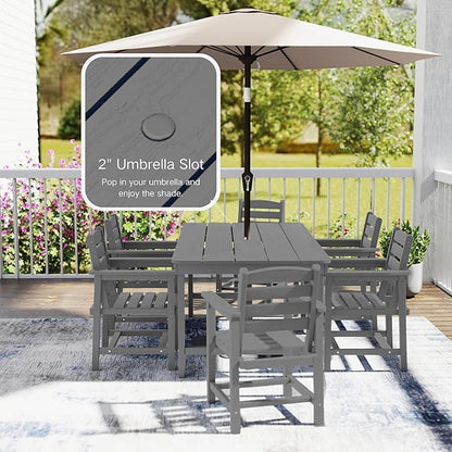 7 Piece Patio Dining Set with 11ft Patio Umbrella (Navy), 7 Gray Outdoor HDPE Dining Set with 6 Chairs + 1 Large Table with 2" Umbrella Hole, for Market, Pool, Garden, Backyard, Deck