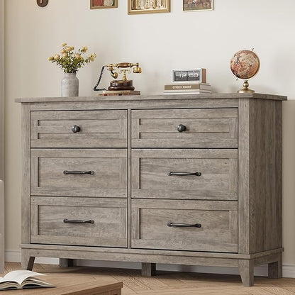 GarveeHome 6 Dresser for Bedroom, 47 in Wide Drawer Dresser with Storage Freestanding, Wooden Closet Storage Chest for Living Room, Bedroom, Entryway, Grey