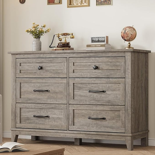 GarveeHome 6 Dresser for Bedroom, 47 in Wide Drawer Dresser with Storage Freestanding, Wooden Closet Storage Chest for Living Room, Bedroom, Entryway, Grey