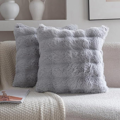 Neelvin Gray Faux Fur Cozy Soft Double-Sided Decorative Throw Pillow Covers 22x22 inch Set of 2,Velvet Pillowcase Cushion Case for Sofa Couch