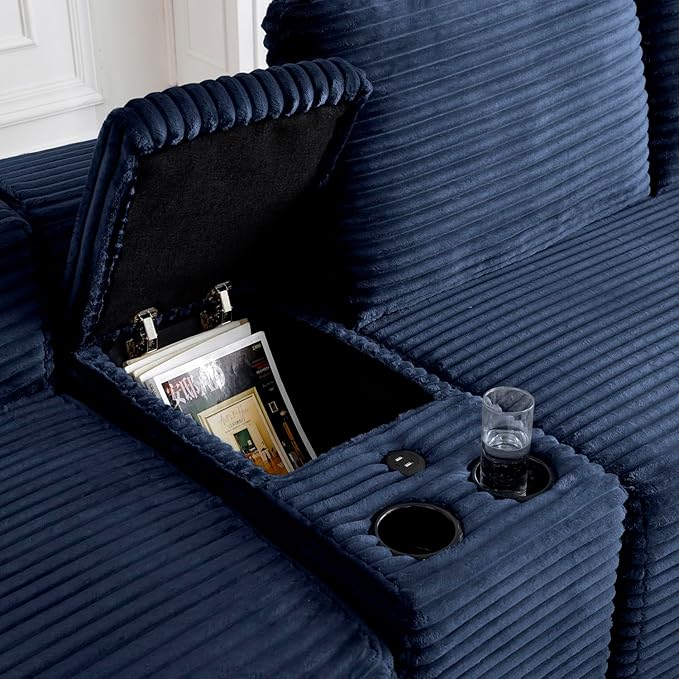 150" Oversized Modular Sectional Sofa,Deep Seat Cloud Corduroy Boneless Couch with Cup Holders,USB Ports, Wireless Charging & Storage Box,Upholstered Modular Sleeper Sofa for Living Room (Blue)
