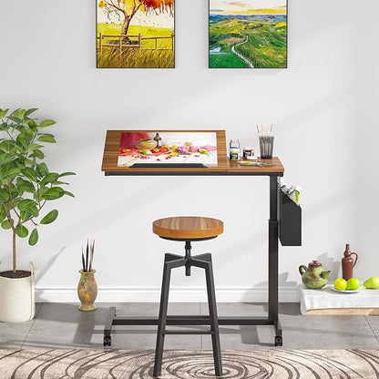 Tribesigns Height Adjustable C Shaped End Table with Wheels and Side Pocket, Mobile Sofa Snack Table with Tiltable Drawing Board, Laptop Side Tray Table for Couch Bed (Walnut Brown)